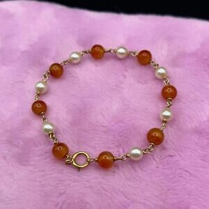 Vintage 90s/2000s Y2K Carnelian Pearl Stone Bracelet with Gold Accents